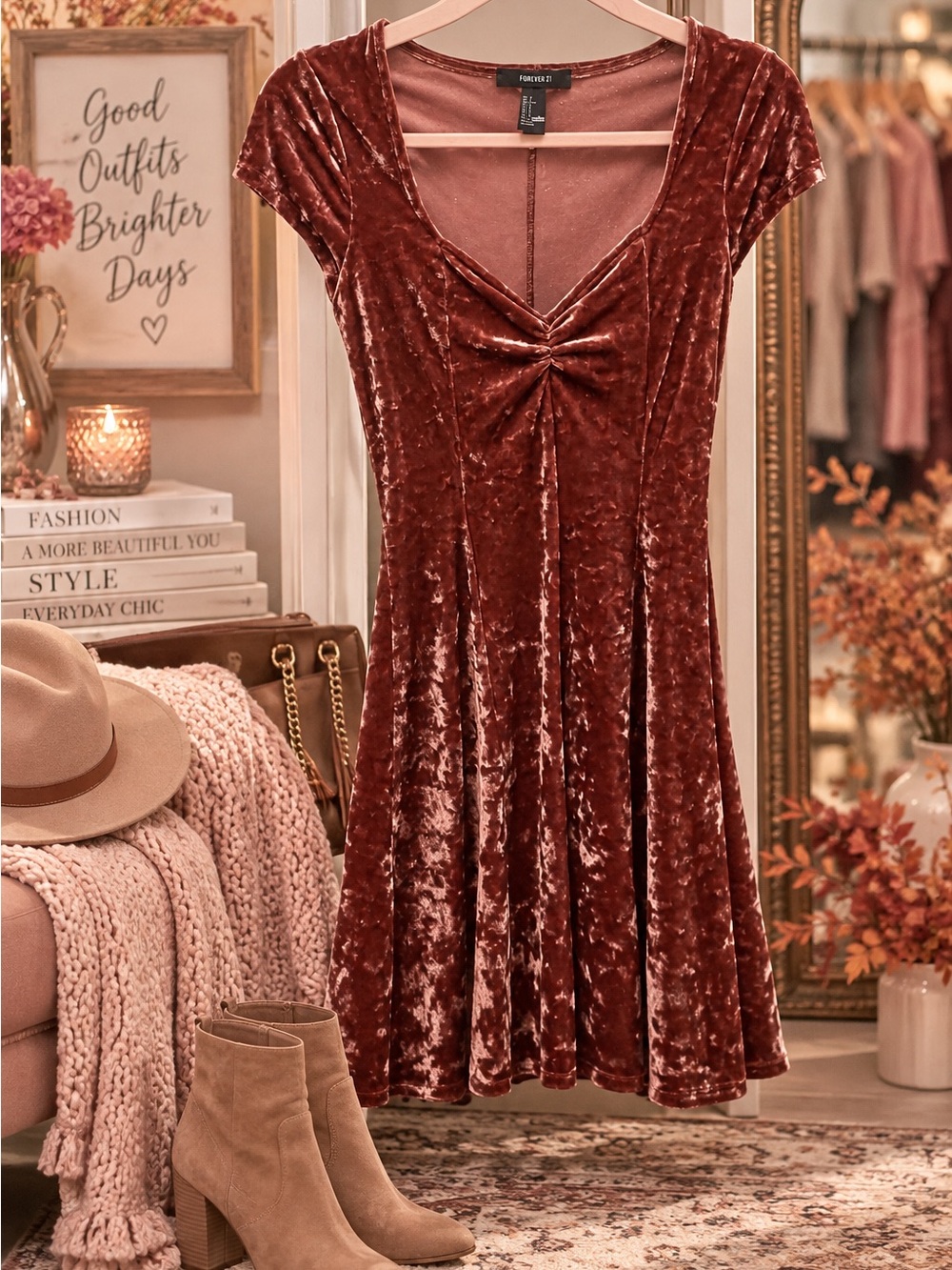 Forever 21 Velvet Twist-Front Dress - Rust